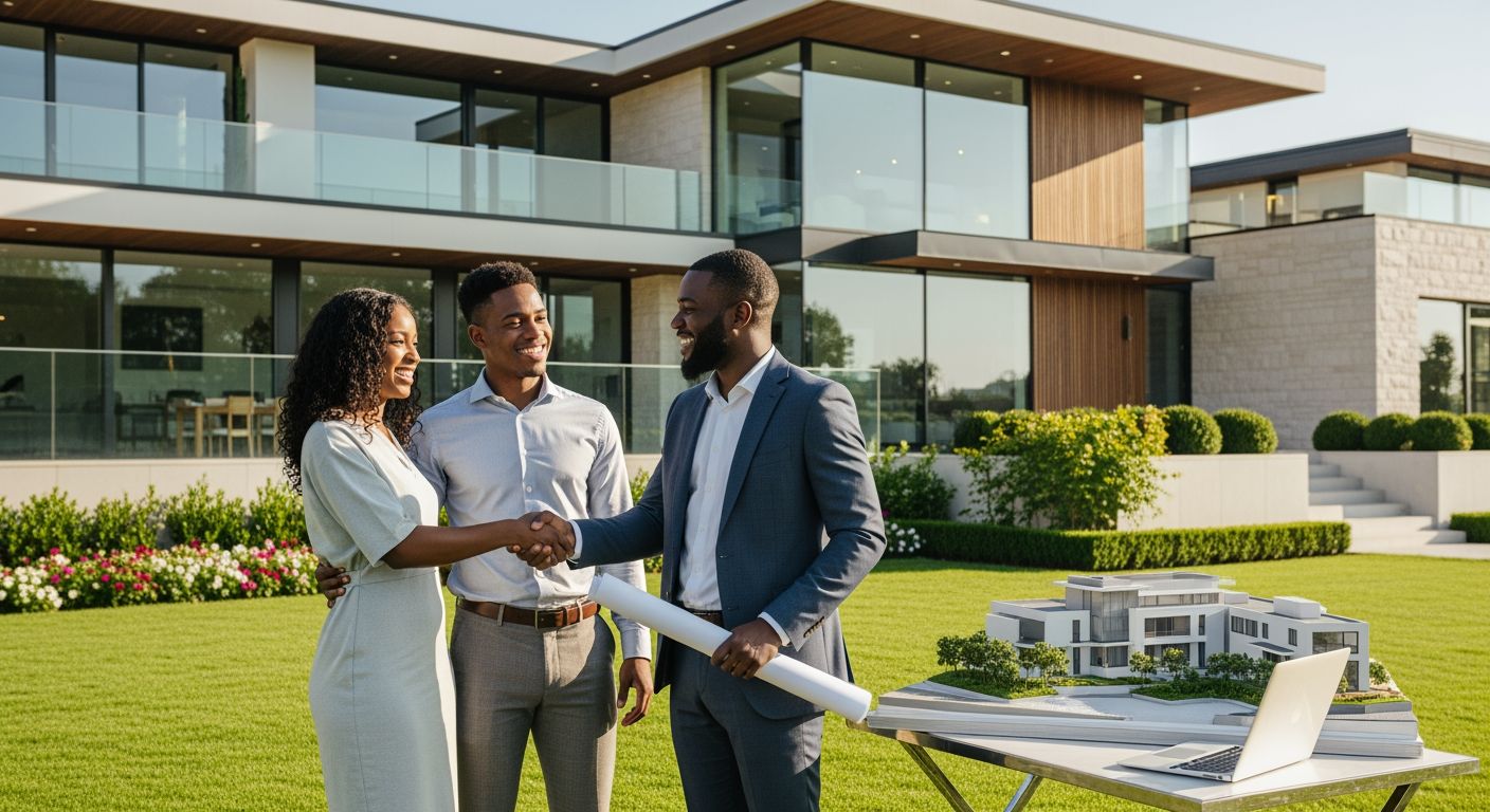 Happy family in front of a modern home